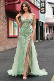 Green Mermaid Corset 3D Flowers Ruffled Prom Dress with Slit