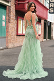 Green Mermaid Corset 3D Flowers Ruffled Prom Dress with Slit