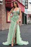 Green Mermaid Corset 3D Flowers Ruffled Prom Dress with Slit