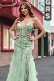 Green Mermaid Corset 3D Flowers Ruffled Prom Dress with Slit