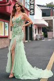 Green Mermaid Corset 3D Flowers Ruffled Prom Dress with Slit