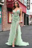 Green Mermaid Corset 3D Flowers Ruffled Prom Dress with Slit