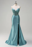 Grey Green Corset Sequined Mermaid Satin Prom Dress with Slit