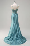 Grey Green Corset Sequined Mermaid Satin Prom Dress with Slit