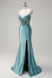 Grey Green Corset Sequined Mermaid Satin Prom Dress with Slit