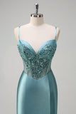 Grey Green Corset Sequined Mermaid Satin Prom Dress with Slit