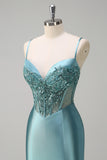 Grey Green Corset Sequined Mermaid Satin Prom Dress with Slit