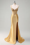 Golden Corset Beaded Mermaid Satin Prom Dress with Slit