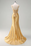 Golden Corset Beaded Mermaid Satin Prom Dress with Slit