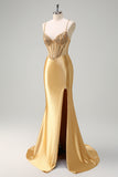 Golden Corset Beaded Mermaid Satin Prom Dress with Slit