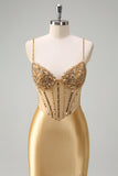 Golden Corset Beaded Mermaid Satin Prom Dress with Slit