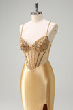 Golden Corset Beaded Mermaid Satin Prom Dress with Slit