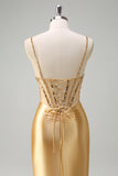 Golden Corset Beaded Mermaid Satin Prom Dress with Slit