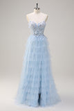 Light Blue Spaghetti Straps A-Line Tulle Tiered Corset Prom Dress with Slit