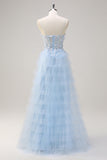 Light Blue Spaghetti Straps A-Line Tulle Tiered Corset Prom Dress with Slit