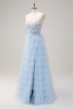 Light Blue Spaghetti Straps A-Line Tulle Tiered Corset Prom Dress with Slit