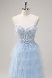 Light Blue Spaghetti Straps A-Line Tulle Tiered Corset Prom Dress with Slit