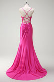 Fuchsia Spaghetti Straps Beaded Satin Mermaid Prom Dress with Slit