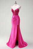 Fuchsia Spaghetti Straps Beaded Satin Mermaid Prom Dress with Slit