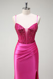 Fuchsia Spaghetti Straps Beaded Satin Mermaid Prom Dress with Slit