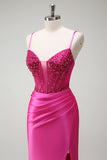 Fuchsia Spaghetti Straps Beaded Satin Mermaid Prom Dress with Slit