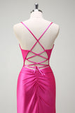 Fuchsia Spaghetti Straps Beaded Satin Mermaid Prom Dress with Slit