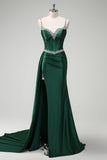 Dark Green Spaghetti Straps Side Cape Mermaid Satin Prom Dress with Slit