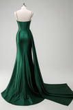 Dark Green Spaghetti Straps Side Cape Mermaid Satin Prom Dress with Slit