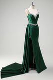 Dark Green Spaghetti Straps Side Cape Mermaid Satin Prom Dress with Slit