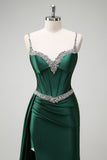 Dark Green Spaghetti Straps Side Cape Mermaid Satin Prom Dress with Slit