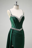 Dark Green Spaghetti Straps Side Cape Mermaid Satin Prom Dress with Slit