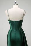 Dark Green Spaghetti Straps Side Cape Mermaid Satin Prom Dress with Slit