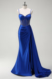 Royal Blue Spaghetti Straps Corset Mermaid Satin Prom Dress with Side Cape