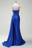 Royal Blue Spaghetti Straps Corset Mermaid Satin Prom Dress with Side Cape