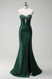 Dark Green Corset Beaded Keyhole Satin Mermaid Prom Dress with Slit