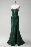 Dark Green Corset Beaded Keyhole Satin Mermaid Prom Dress with Slit