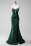 Dark Green Corset Beaded Keyhole Satin Mermaid Prom Dress with Slit