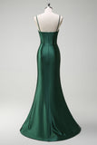 Dark Green Corset Beaded Keyhole Satin Mermaid Prom Dress with Slit