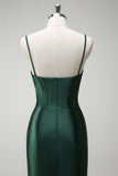 Dark Green Corset Beaded Keyhole Satin Mermaid Prom Dress with Slit