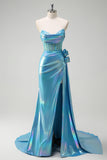 Glitter Blue Strapless Beaded Mermaid Prom Dress with Side Cape