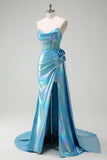 Glitter Blue Strapless Beaded Mermaid Prom Dress with Side Cape