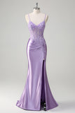 Lilac Corset Applique Mermaid Satin Prom Dress with Slit