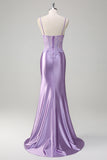 Lilac Corset Applique Mermaid Satin Prom Dress with Slit