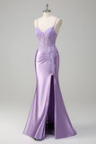 Lilac Corset Applique Mermaid Satin Prom Dress with Slit