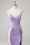 Lilac Corset Applique Mermaid Satin Prom Dress with Slit