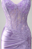 Lilac Corset Applique Mermaid Satin Prom Dress with Slit