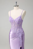 Lilac Corset Applique Mermaid Satin Prom Dress with Slit