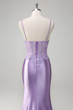 Lilac Corset Applique Mermaid Satin Prom Dress with Slit