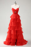 Orange Strapless Tiered Ruffle Cut Out A-Line Prom Dress with Slit