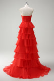 Orange Strapless Tiered Ruffle Cut Out A-Line Prom Dress with Slit